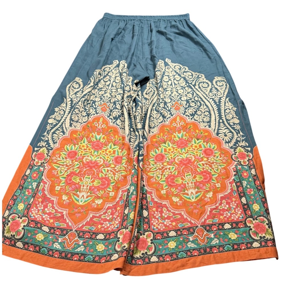 Natural Life Palazzo Pants Womens Teal Blue Floral Paisley Boho Wide Leg XL